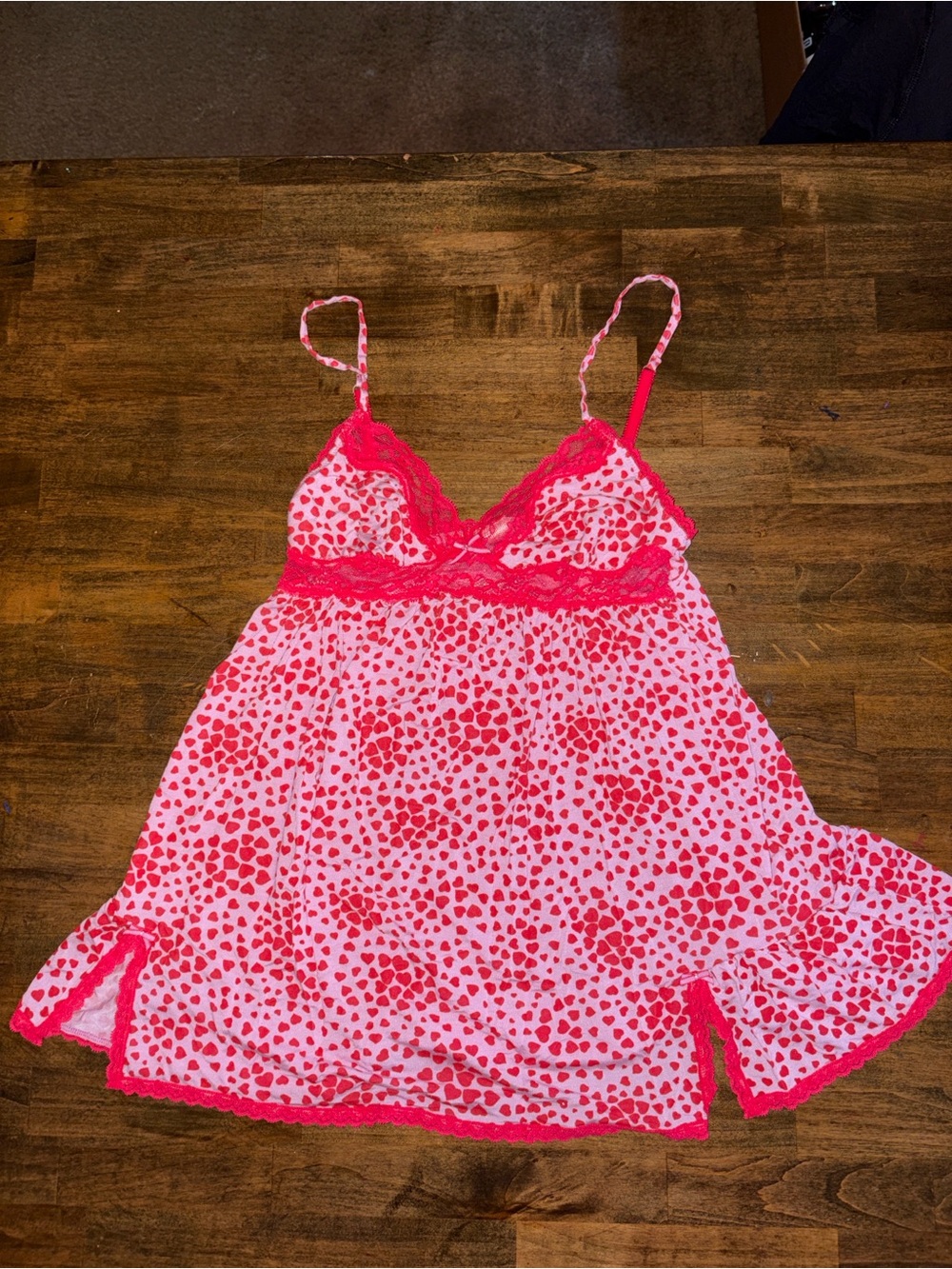 Victoria's Secret Pink & Red Heart Lace-Trim Chemise
